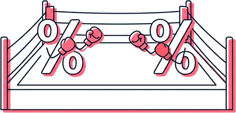 Two percent-sign characters with boxing gloves facing off in a boxing ring
