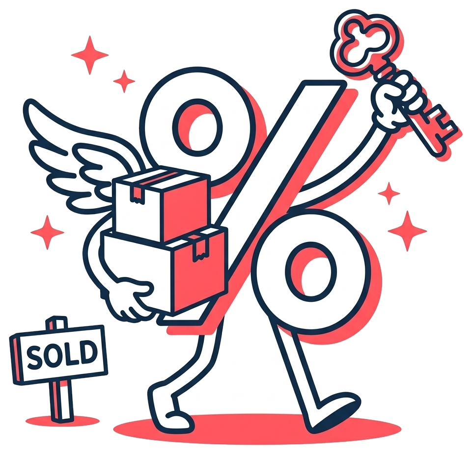 A house character carrying moving boxes and a key, walking past a SOLD sign